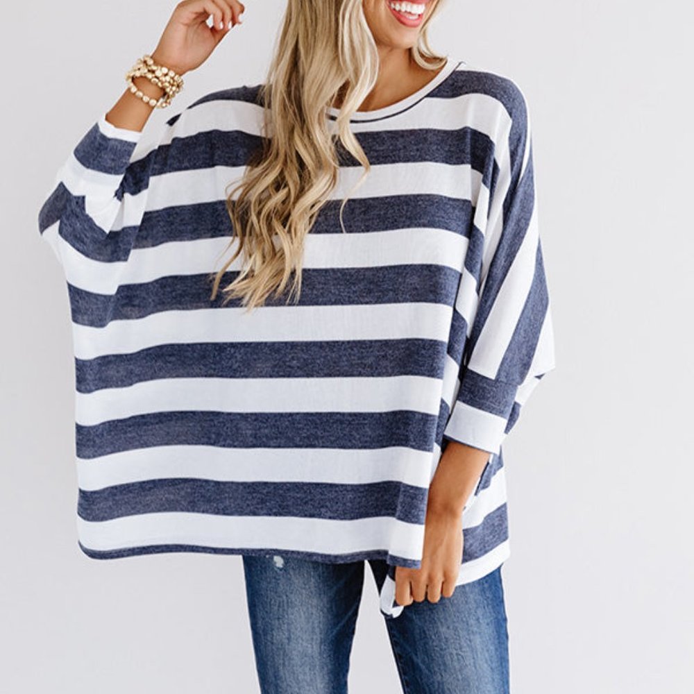 Navy Striped Dolman Sleeve Knit Top